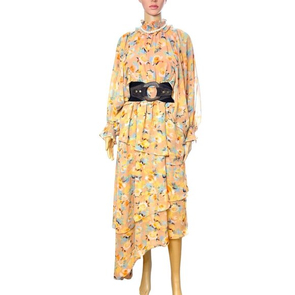 Unbranded Dresses & Skirts - Luxury Women’s Dress Size L Orange Floral Layered Ruffle High Neck Asymmetrical